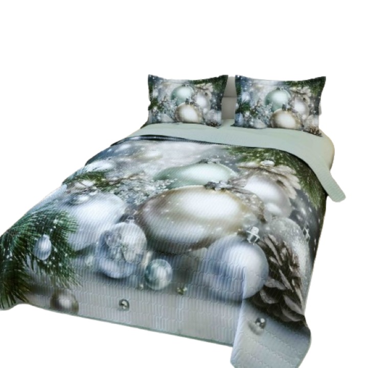 Cuvertura si Fete de Perna, Jojo Home, Bumbac, Imprimeu Digital 5D Magia Craciunului, Ornamente de Craciun, 3 piese, 2 persoane, 220x240cm, Multicolor