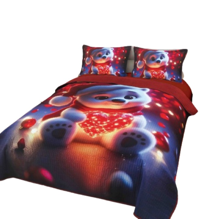 Cuvertura si Fete de Perna, Jojo Home, Bumbac, Imprimeu Digital 5D Magia Craciunului, Ursulet Polar, 3 piese, 2 persoane, 220x240cm, Multicolor