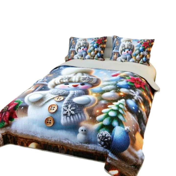 Cuvertura si Fete de Perna, Jojo Home, Bumbac, Imprimeu Digital 5D Magia Craciunului, Om de Zapada, 3 piese, 2 persoane, 220x240cm, Multicolor