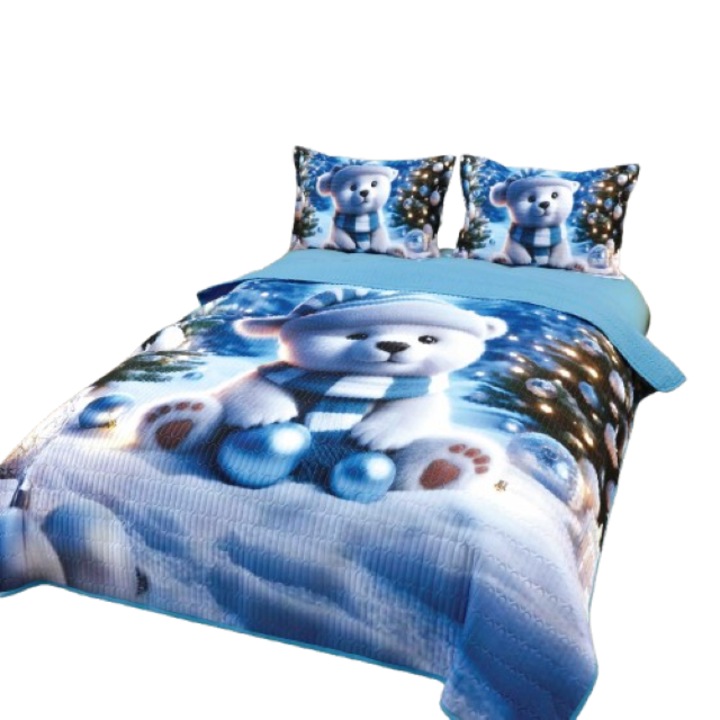 Cuvertura si Fete de Perna, Jojo Home, Bumbac, Imprimeu Digital 5D Magia Craciunului, Ursulet Polar, 3 piese, 2 persoane, 220x240cm, Alb-Albastru