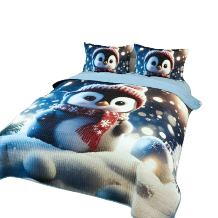 Cuvertura si Fete de Perna, Jojo Home, Bumbac, Imprimeu Digital 5D Magia Craciunului, Pinguin, 3 piese, 2 persoane, 220x240cm, Multicolor