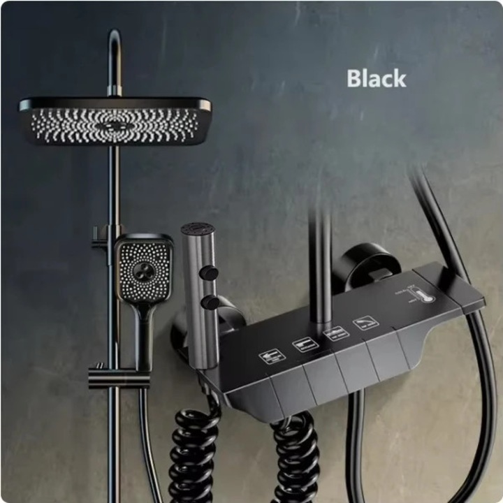 Set de robinet pentru dus, 4 functii, control termostatic, negru, inaltime ajustabila
