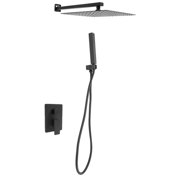 Set de robinet pentru dus, design montat pe perete, cap de dus dual, negru, 30x35.7x6.2cm