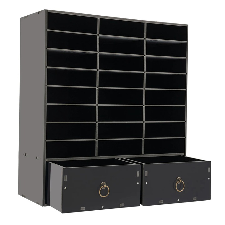 Suport documente negru, 24 compartimente și 2 sertare, PVC, dimensiuni 71, 5x30x70cm