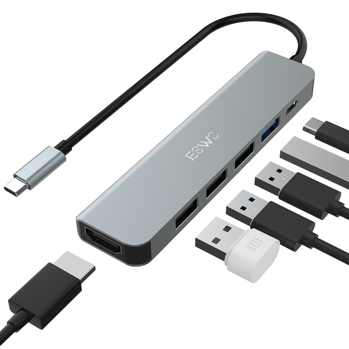 Hub Usb C, Jeswo 6 az 1-ben USB C adapter 4K HDMI-vel, 1 USB 3.0, 3 USB 2.0 és 100W PD-vel, kompatibilis Macbook Pro/Air és más Type-C eszközökkel