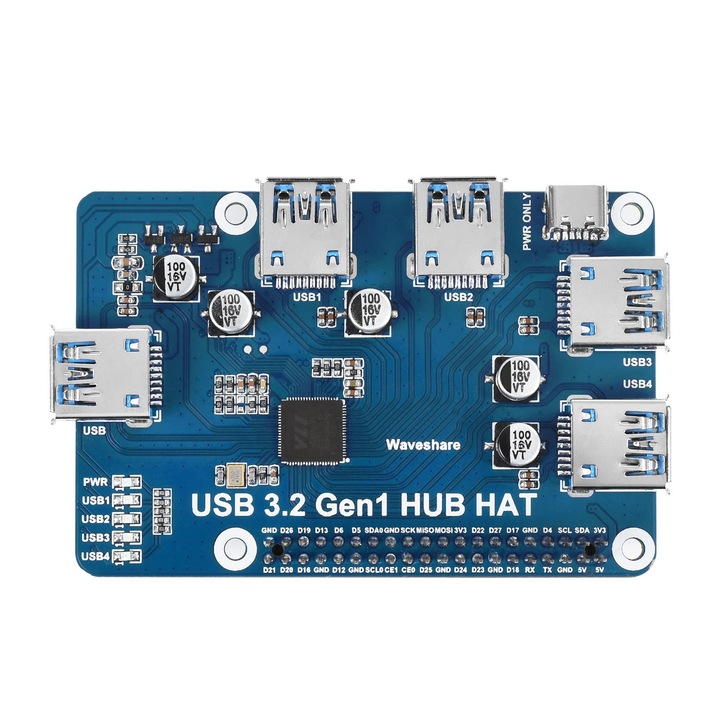 Hub Usb 3.2 Gen1 Waveshare Raspberry Pi 4-hez, 4 Usb 3.2 Gen1 Porttal, Akár 5 Gbps Adatátviteli Sebességgel, Támogatja Az Usb Plug And Play Bővítőkártyát Illesztőprogram Nélkül