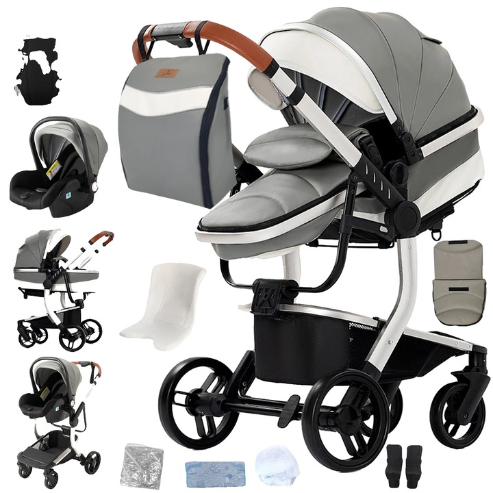 Carucior 3 in 1, design compact, pozitii ajustabile, gri, capacitate 20 kg