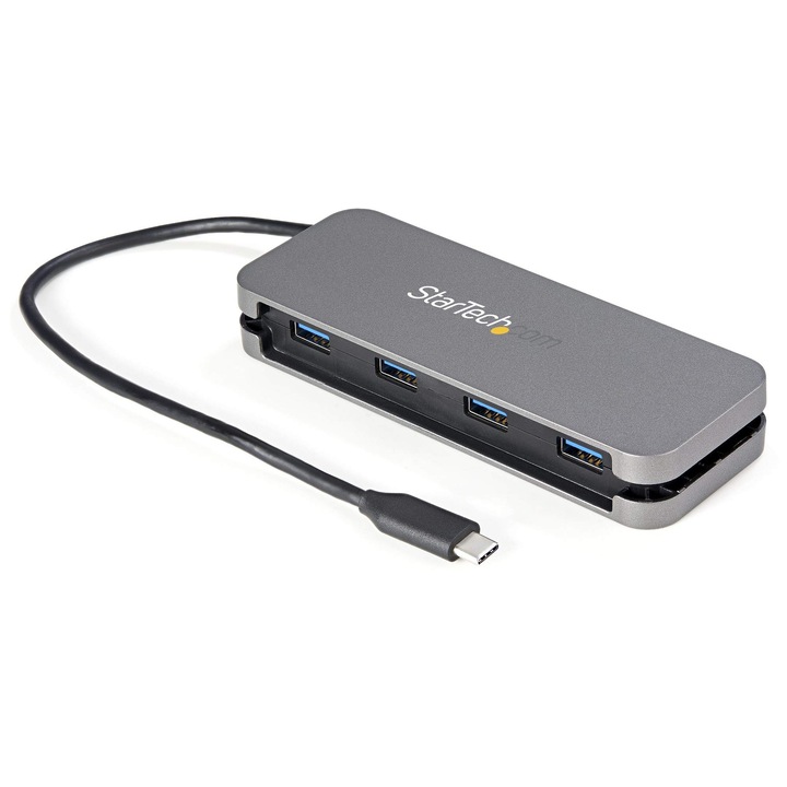 Хъб USB-C с 4 порта Startech.Com - 3x USB-A - USB 3.0 Type-C 5Gbps (USB 3.2 Gen 1) хъб - Захранван от шина - Преносим USB-C към USB-A адаптер - 28,5 см кабел с вграден хост кабел (HB30CM4AB)