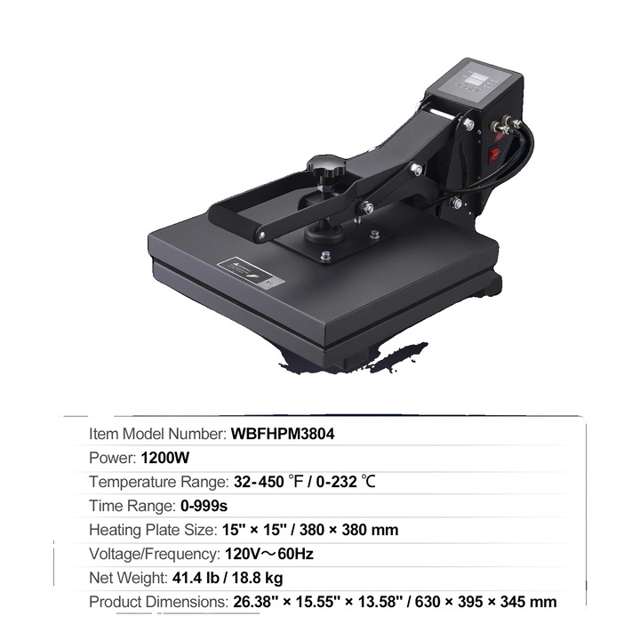 Термопреса, цифрово управление, тефлонова изолация, черна, 15x15 инча