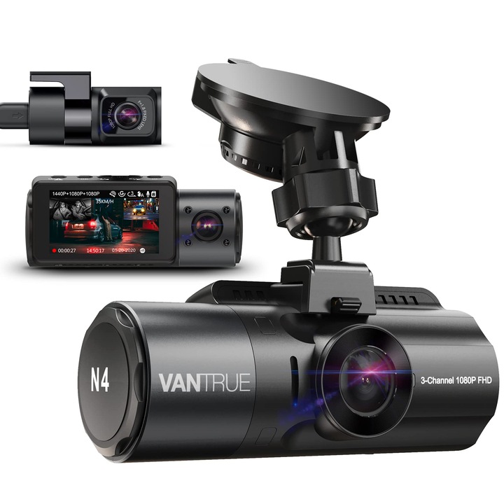 Vantrue N4 Autós Kamera 4K, 3 Lencsés, 2.5K+, 2.5K+, 1080P Elöl/Hátul Belső, HDR/30FPS, 3 Csatornás Mozgásérzékelős Autós Kamera, Infravörös Éjjellátó, Hőálló 2.45”, Max 512GB