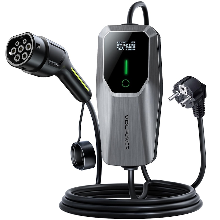 Cablu De Incarcare Vdlpowereu Tip 2, Cablu De Incarcare Pentru Masini Electrice 3, 6 Kw / 5 M, Incarcator Portabil Ev Cu Afisaj Led 6A-16A, Cablu De Incarcare Tip 2 Pentru Vehicule Electrice Cu Schuko Eu Monofazat, Ip65 (Standard Iec 62196-2)