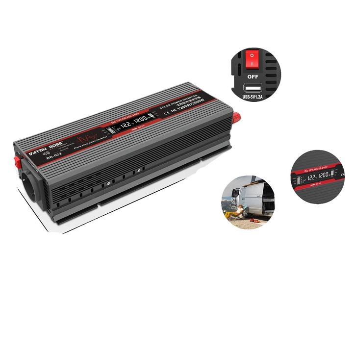 Invertor auto, Pure Sine Wave, display LCD, 1200W, 12V