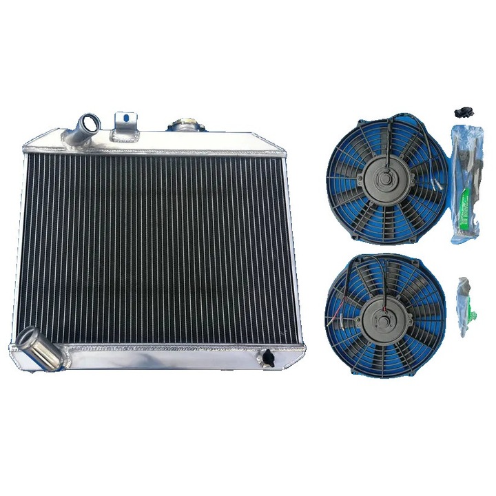Radiator si ventilator Jeep Willys 1941-1952, dimensiuni 495mm x 350mm x 52mm, 3 randuri, 505mm x 445mm x 70mm, 38mm x 38mm