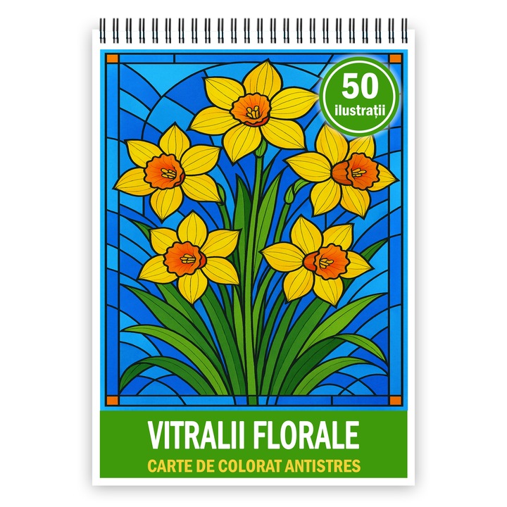 Carte de colorat, 50 de ilustratii Vitralii Florale, 106 pagini, Format: A4, Editura Cadouri Legendare