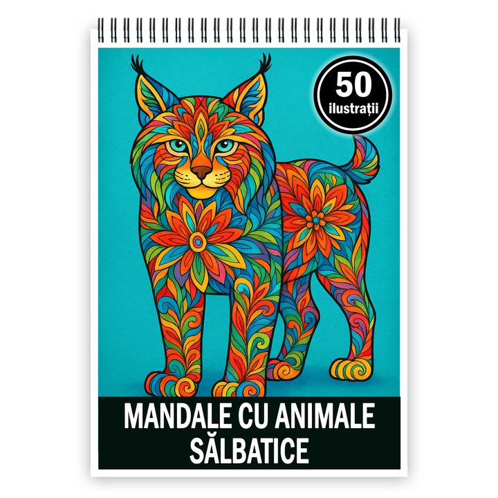 Carte de colorat, 50 de ilustratii Mandale cu Animale Salbatice, 106 pagini, Format: A4, Editura Cadouri Legendare