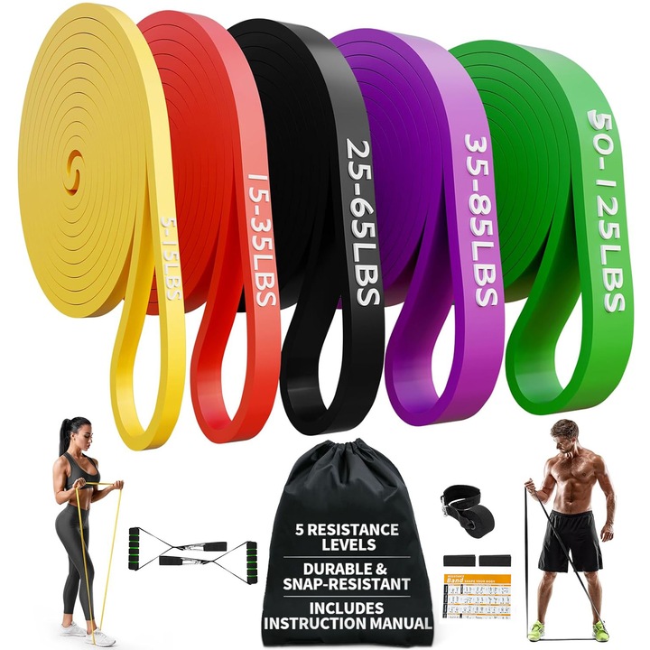 Комплект от 5 ластика за съпротивление с котва за врата, включва котва за врата, дръжка, защитен калъф, чанта за носене и ръководство за обучение – еластични ленти за упражнения, тренировки, 5-125 LBS