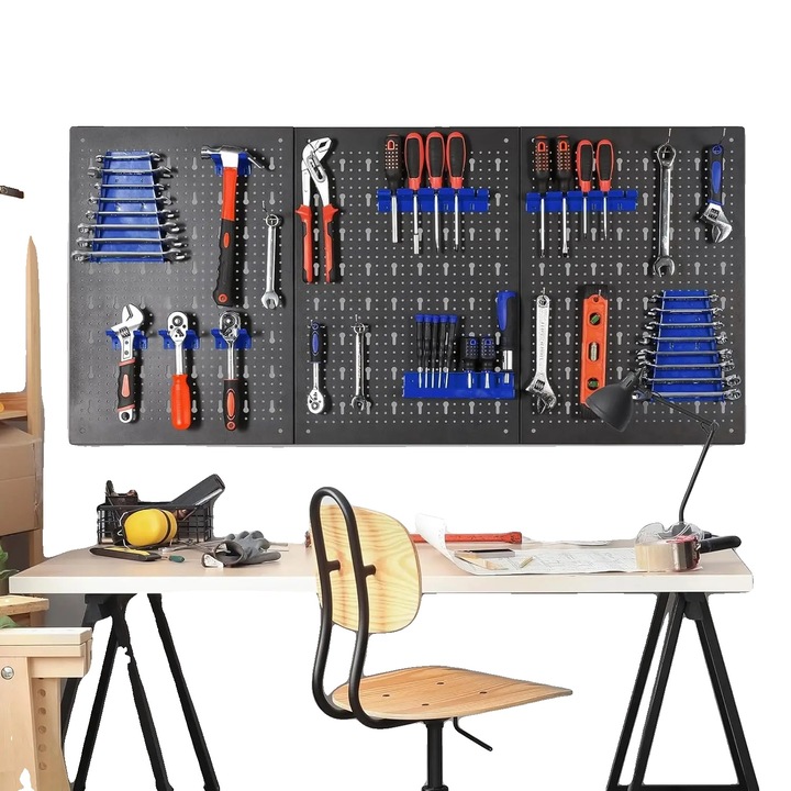 Szerszámtartó, 120x60cm, 17 kampóval, kompakt kialakítás, kiváló minőségű fém