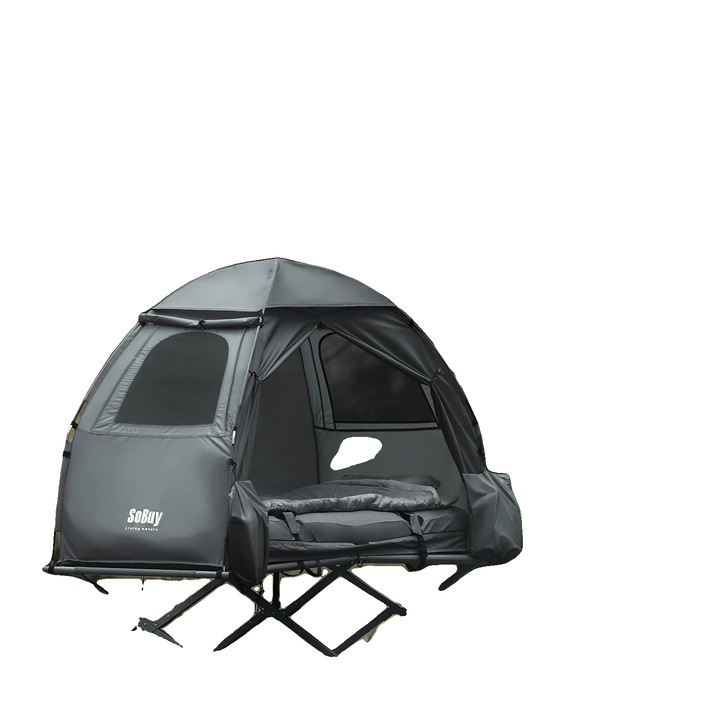 Палатка за къмпинг 4 в 1, надуваем дюшек и спален чувал, сив, 194x87x165см