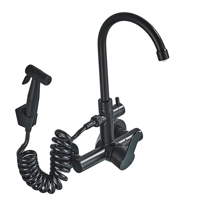 Fali csaptelep, 360 fokban forgatható, fekete, rozsdamentes acél