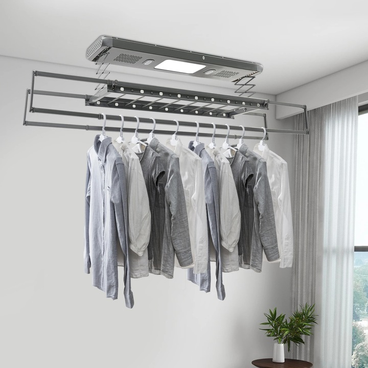 Uscator de rufe electric, Montaj tavan si perete, Telecomanda, Extensibil, Pliabil, Otel carbon, 155×60 cm, Argintiu