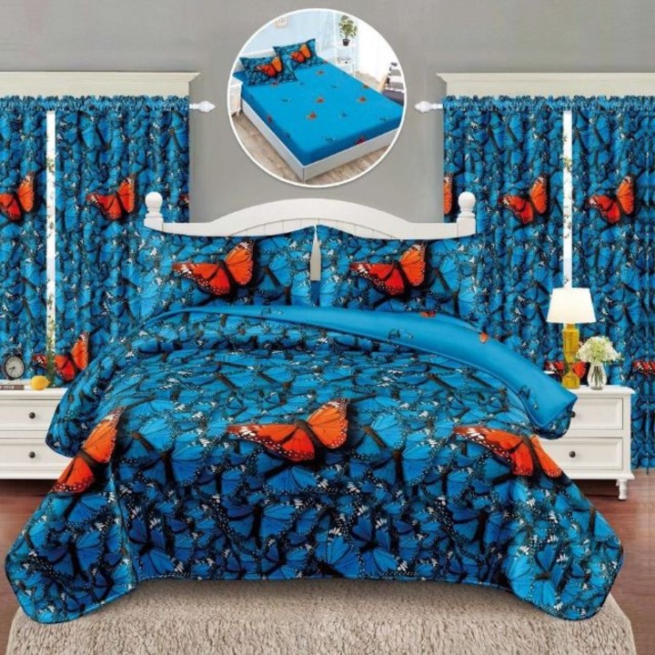 Dupla ágynemű garnitúra, 8 részes, függönyökkel, gumis, 180 x 200 cm, Casa de Vis Online, SE-22D