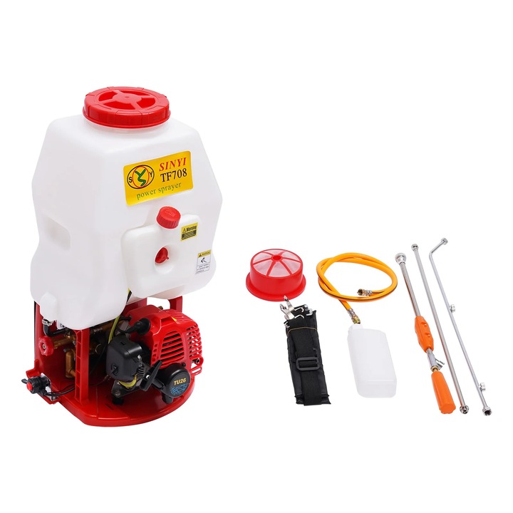 Pulverizator cu rucsac, motor benzina 2 timpi, pompa cu piston presiune inalta, inaltime stropire 8 m, capacitate ≤20 L, metal, rosu