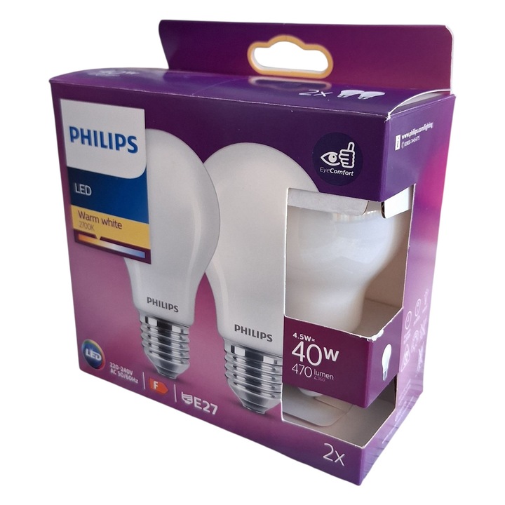 Комплект 2 LED крушки Philips E27 4.5W (еквивалент 40W), 470 Lm, топла бяла светлина 2700K, технология EyeComfort, консумация 5 kWh/1000 часа, клас F