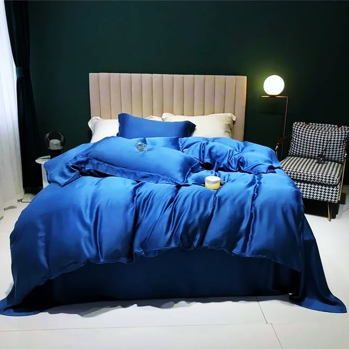 Lenjerie de pat Kotonia Home Hotel King Size, 100% bumbac, Damasc DeLux Saten, bleu royal
