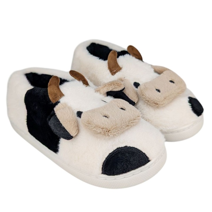 Papuci de casa Permani, casual, sintetic, model de vaca, alb