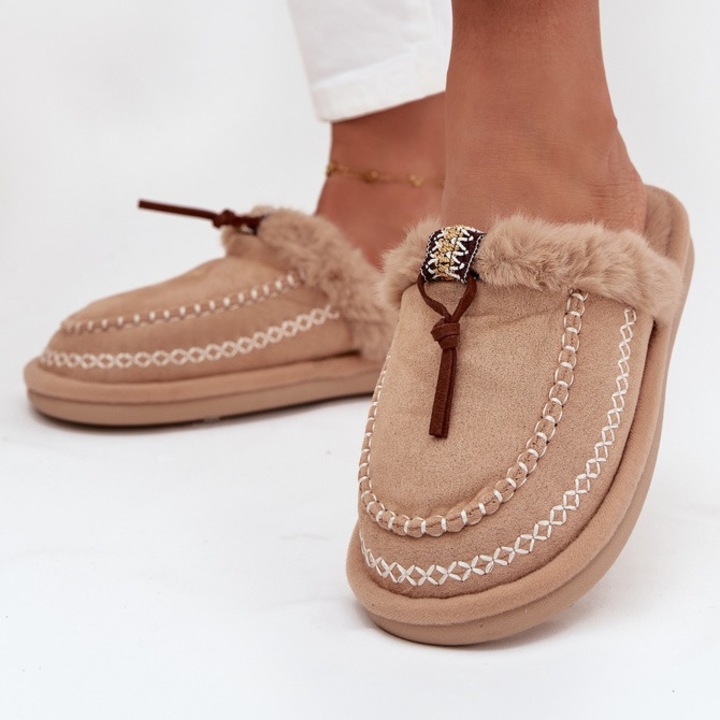 Papuci de dama Permani, caldurosi, bej, textil, casual