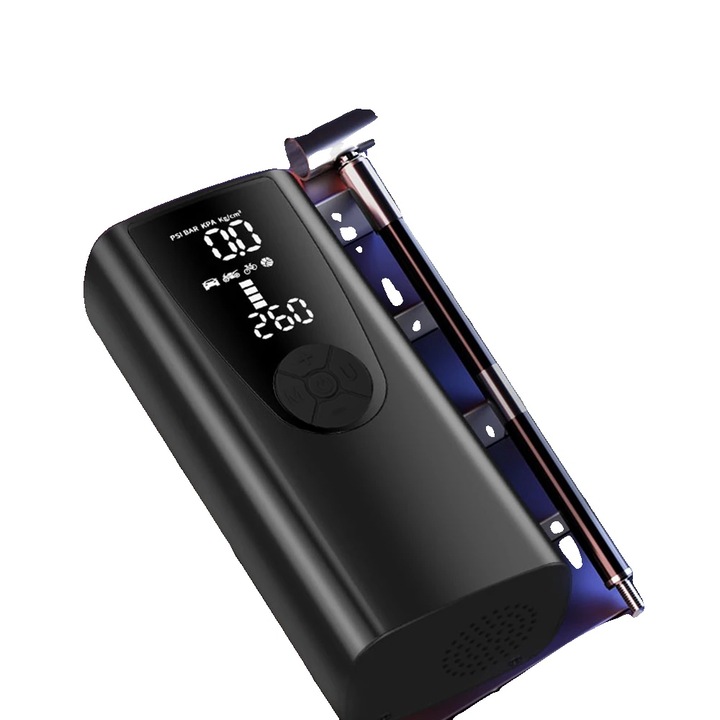 Hordozható pumpa, 8000mAh akkumulátorkapacitás, állítható nyomás 150 PSI-ig, méretek 10x4x3 hüvelyk