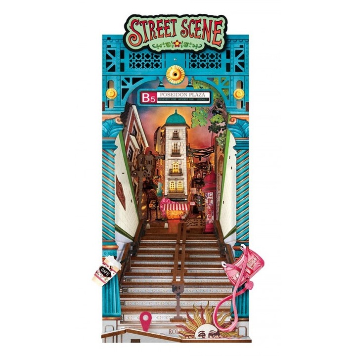 Puzzle 3D Rolife Street Scene Book Nook, 196 piese, lemn de tei, 130.8x228x253mm