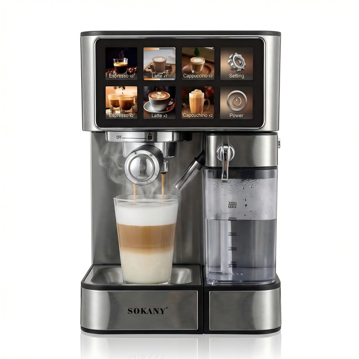 Espressor automat Sokany SK-04041, Ecran tactil, Espresso, Cappuccino, Latte, Rece, Fierbinte, Cupa dubla,1800W, 20 Bar, 1.8L, 500ml rezervor de lapte, Protectie inteligenta si Tacere, argintiu