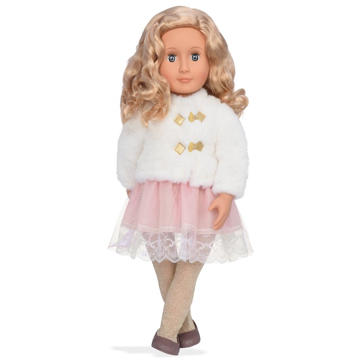 Our Generation – 46 cm-es baba – szőke haj és kék szem – műszőrme ruha – ünnepi téma – játék 3 éves és idősebb gyermekek számára – Halia