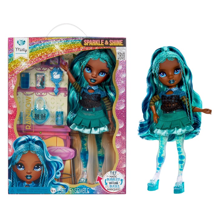 Papusa Rainbow High Sparkle & Shine - Misty, 28 cm, par turcoaz, cu bule magice, pentru coafat si joaca, recomandata copiilor intre 4-12 ani