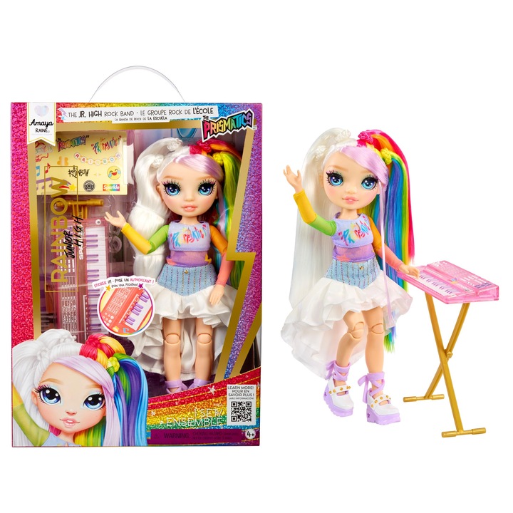 Rainbow High Junior High Rock banda – Amaya, a Szivárvány Színei – 23 cm-es divatbaba billentyűzettel, matricákkal testreszabható, mozgatható, aranyos játék 4 éves és idősebb gyermekek számára