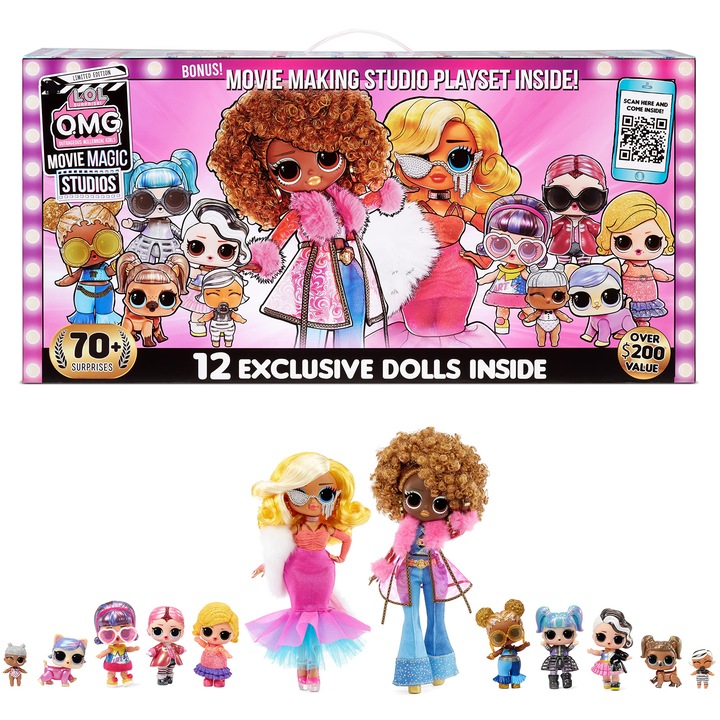 LOL Surprise! OMG Movie Magic Studio - Над 70 изненади, 12 кукли, 4 сцени, аксесоари и много други - Игрален комплект 2 в 1 с колекционерска опаковка - Подарък за момчета и момичета на възраст 4 и повече години