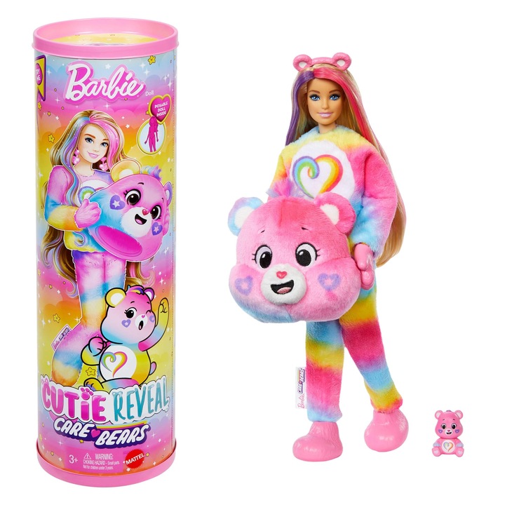 Barbie Cutie Reveal baba kiegészítőkkel, Care Bears 2. széria, Action Bear 10 meglepetéssel, színváltással és mini mackóval, Jfv60