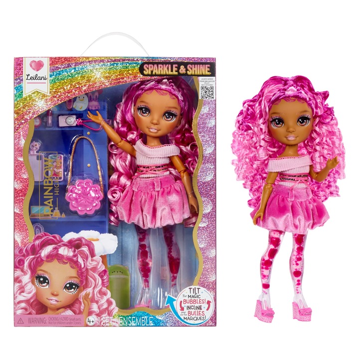 Rainbow High Sparkle & Shine baba - Leilani - 28 cm-es divatbaba rózsaszín hajjal és mágikus buborékokkal a lábában, színes, frizurázáshoz és játékhoz, gyűjthető, 4-12 éves gyermekeknek