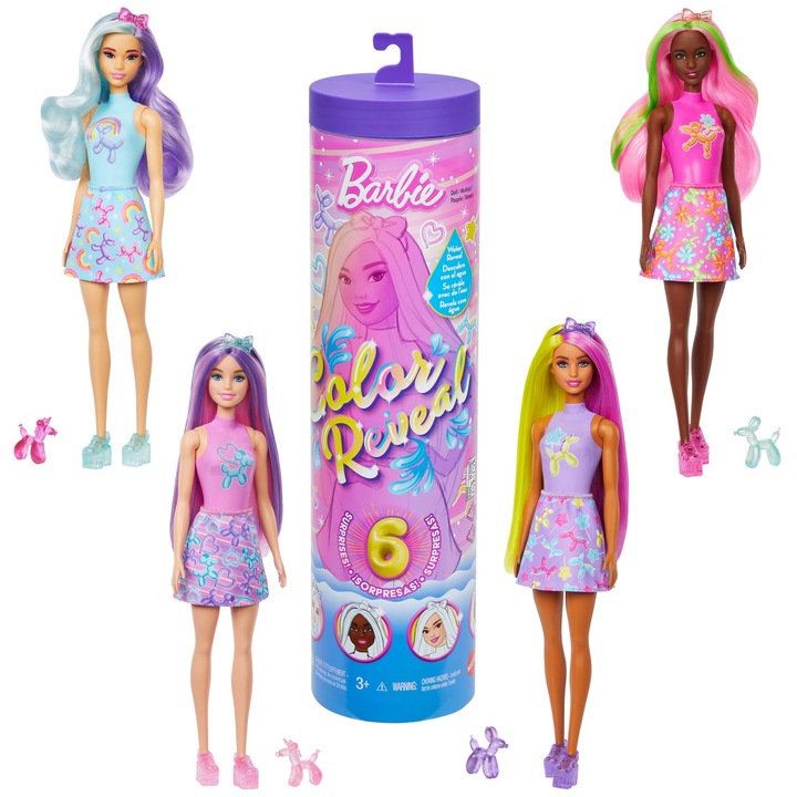 Barbie Color Reveal baba és kiegészítők, léggömbállat sorozat, 6 meglepetés, beleértve a színváltós állatot és a mini léggömbállatot (a stílusok változhatnak), Jfv58