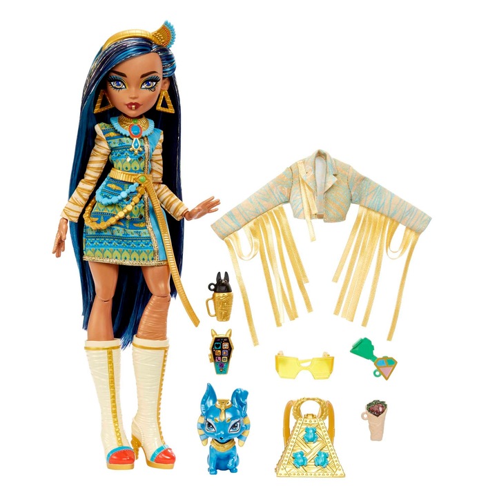 Monster High Cleo De Nile baba, divatos múmia baba, királyi öltözék, gyilkos csizmák, piramis hátizsák, kiegészítők, 4 éves és idősebb gyermekeknek, Hhk54