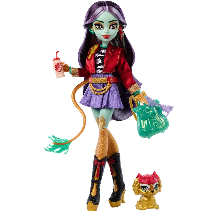 Papusa Monster High Jinafire Long, Fata Dragon Cu Catelusul Cloudy Yun Yun Si 7 Accesorii, Inclusiv Un Bloc De Desen, O Bautura Cu Iaurt, Un Ghiozdan Si Multe Altele, Hyv58