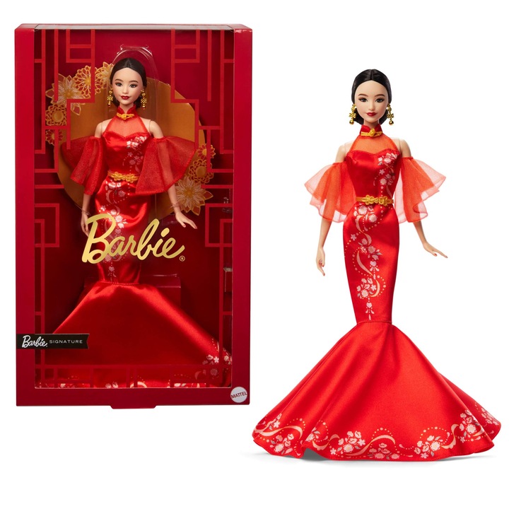 Кукла Барби Mattel за Лунната Нова година в рокля ципао с принт на сливови цветове и златни аксесоари, колекция Barbie Signature, Jbj11