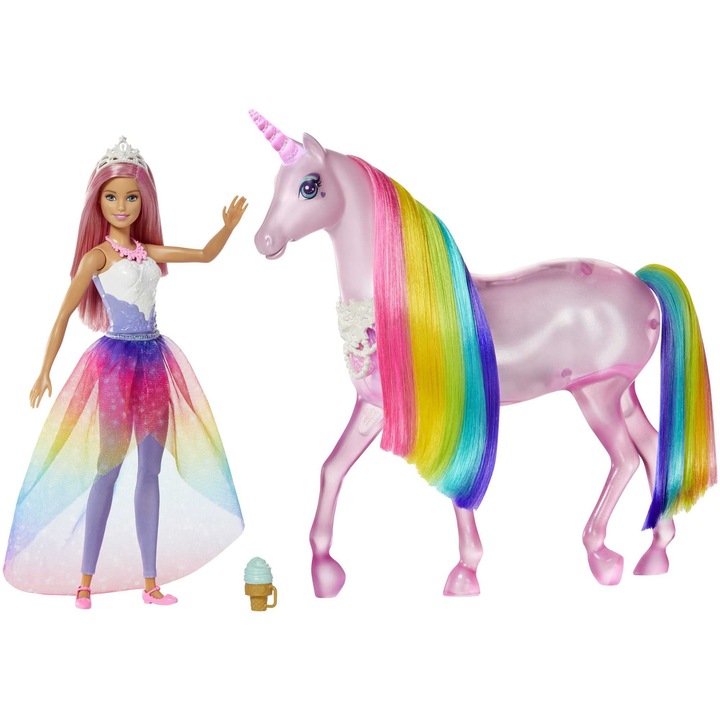 Set Papusa Barbie Dreamtopia Unicorn Magic cu Lumini si Sunete, Include Papusa Barbie si Unicorn, Cadou pentru Copii, 3 ani+