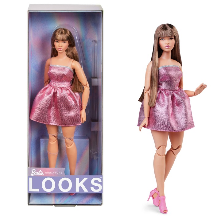 Кукла Barbie Looks, колекционерска фигура № 24 с кестенява коса и модерна Y2K мода, блестяща рокля без презрамки с високи токчета с отворени пръсти, Hrm16