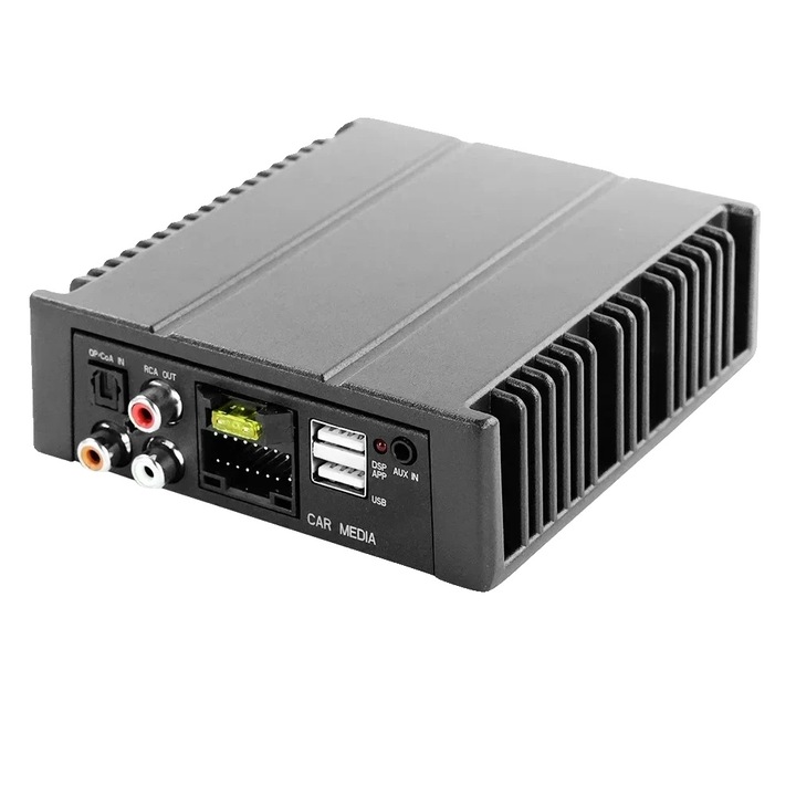 Amplificator DSP auto, 4 canale 80W, 138x115x38mm, conectivitate AUX, USB, fibra optica, RCA