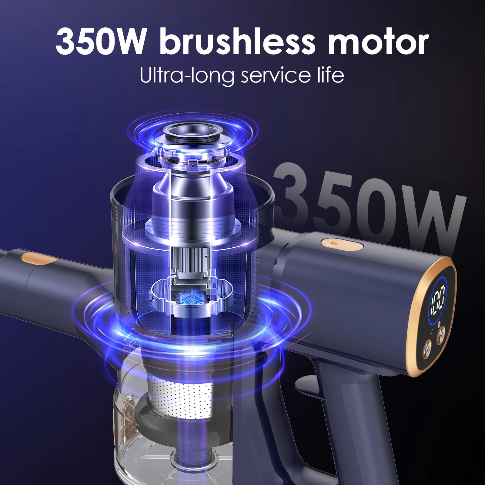 Aspirator fara fir, 55.000 Pa, 2.3 kg, 55 minute autonomie, 350W, Albastru