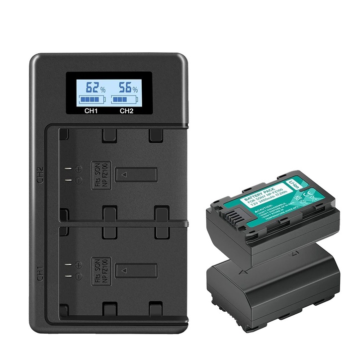 Töltő és akkumulátor készlet, 2 akkumulátor, kettős USB töltő, LCD kijelző, 51x38x22mm, 66x118x22mm