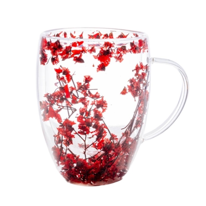 Cana din sticla borosilicata LGCHome, perete dublu, rosu inchis, 350 ml