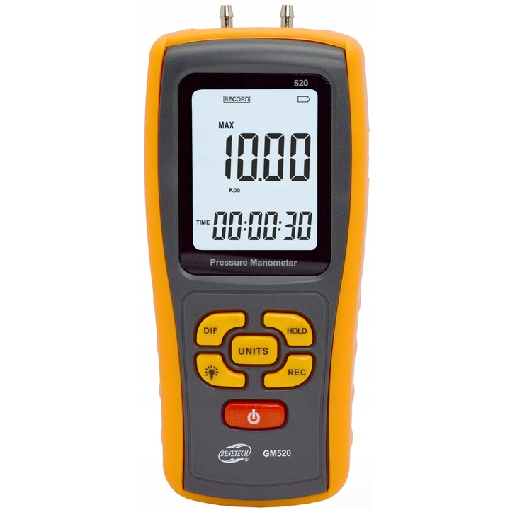 Цифров манометър Benetech, 0-0,35bar, функция за запазване на данни, USB свързване, пълен комплект